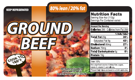 Ground Beef 80% Lean / 20% Fat Nutritional Facts Merchandising Label